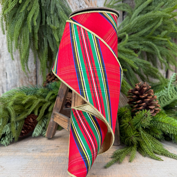 4" Traditional CHristmas Plaid, Wired Ribbon, Red Blue Chirstmas Plaid RIbbon, RIbbon for Treee, Christmas Plaid