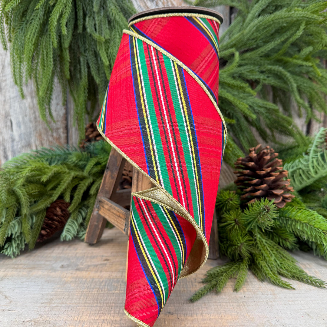4" Traditional CHristmas Plaid, Wired Ribbon, Red Blue Chirstmas Plaid RIbbon, RIbbon for Treee, Christmas Plaid