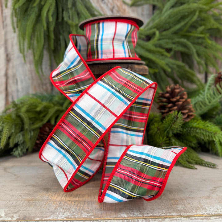 2.5" White Stewart Christmas Plaid Ribbon, Tartan Plaid Ribbon