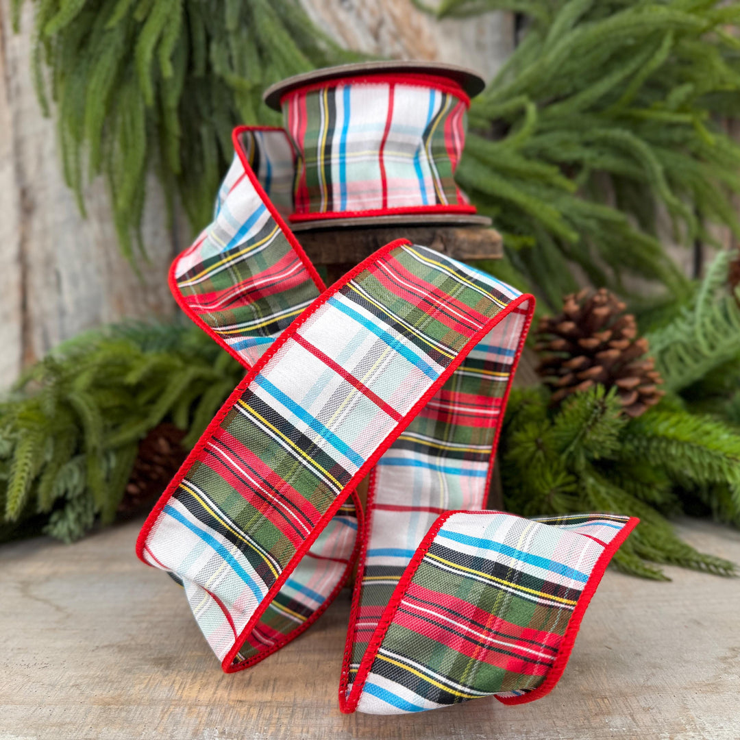 2.5" White Stewart Christmas Plaid Ribbon, Tartan Plaid Ribbon