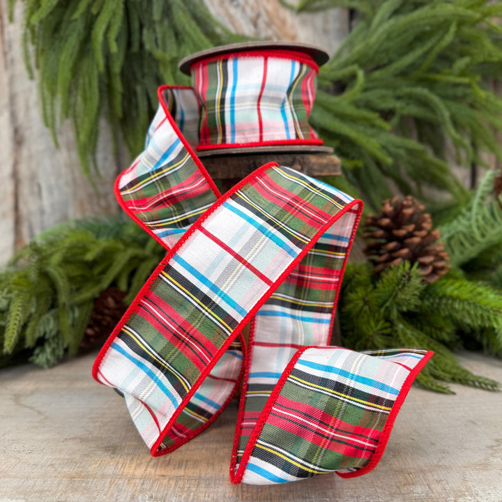 2.5" White Stewart Christmas Plaid Ribbon, Tartan Plaid Ribbon
