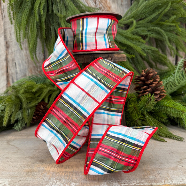2.5" White Stewart Christmas Plaid Ribbon, Tartan Plaid Ribbon