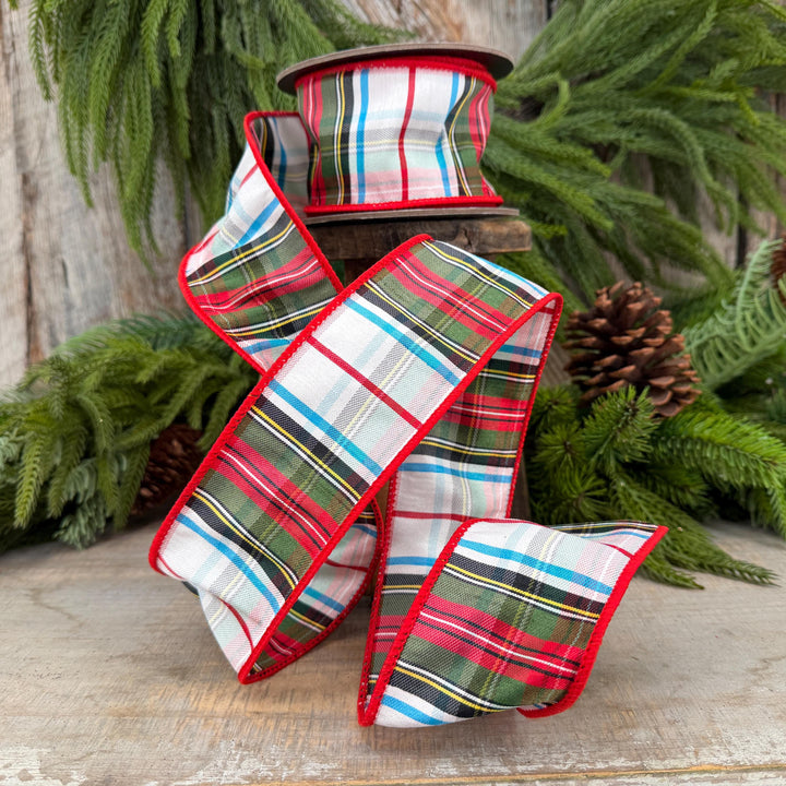 2.5" White Stewart Christmas Plaid Ribbon, Tartan Plaid Ribbon