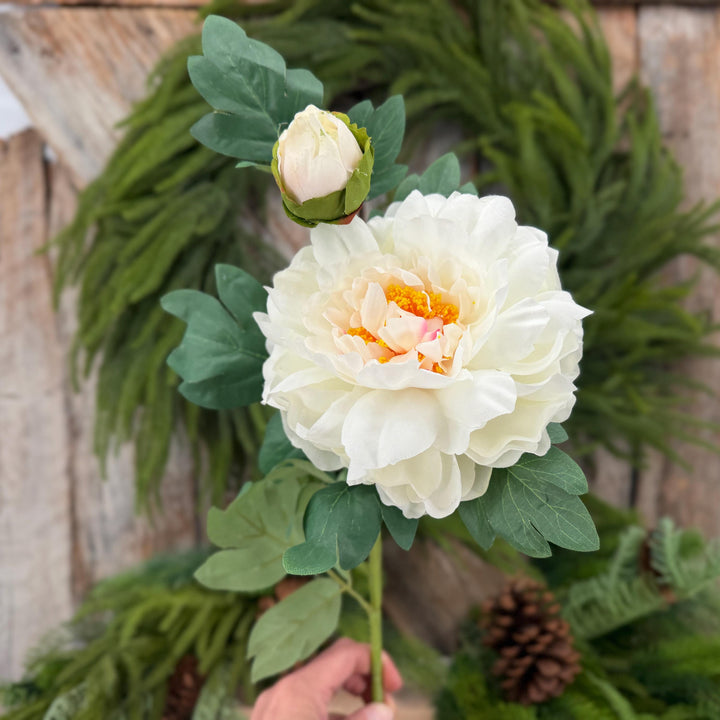 30" Cream White Peony Spray, Artificial Peony Flower Stem with Bud
