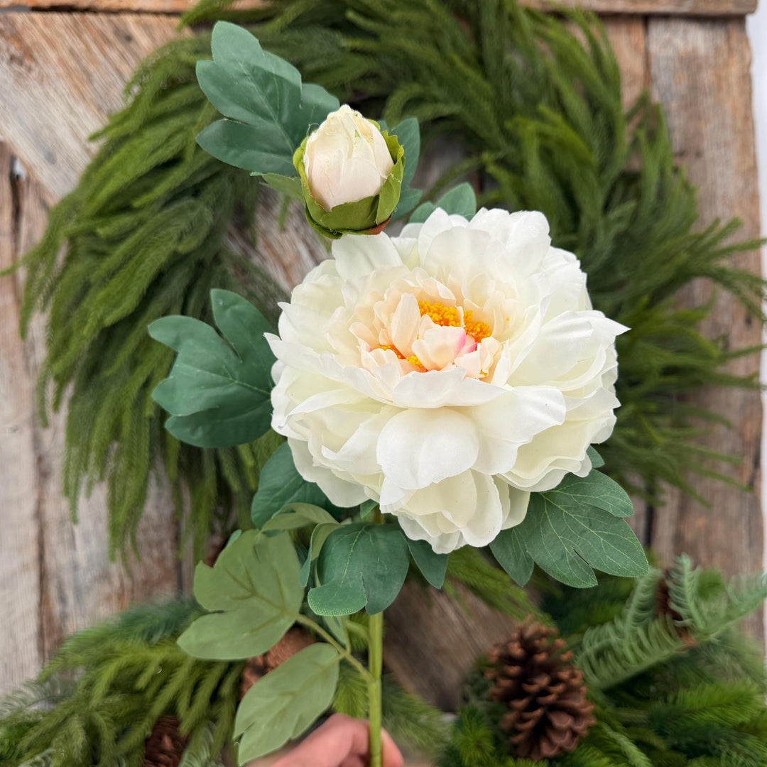30" Cream White Peony Spray, Artificial Peony Flower Stem with Bud