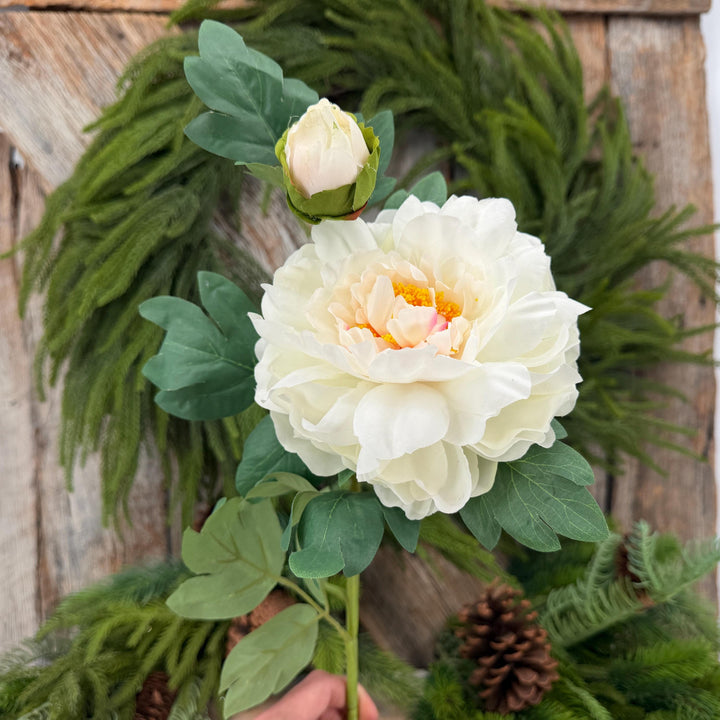 30" Cream White Peony Spray, Artificial Peony Flower Stem with Bud