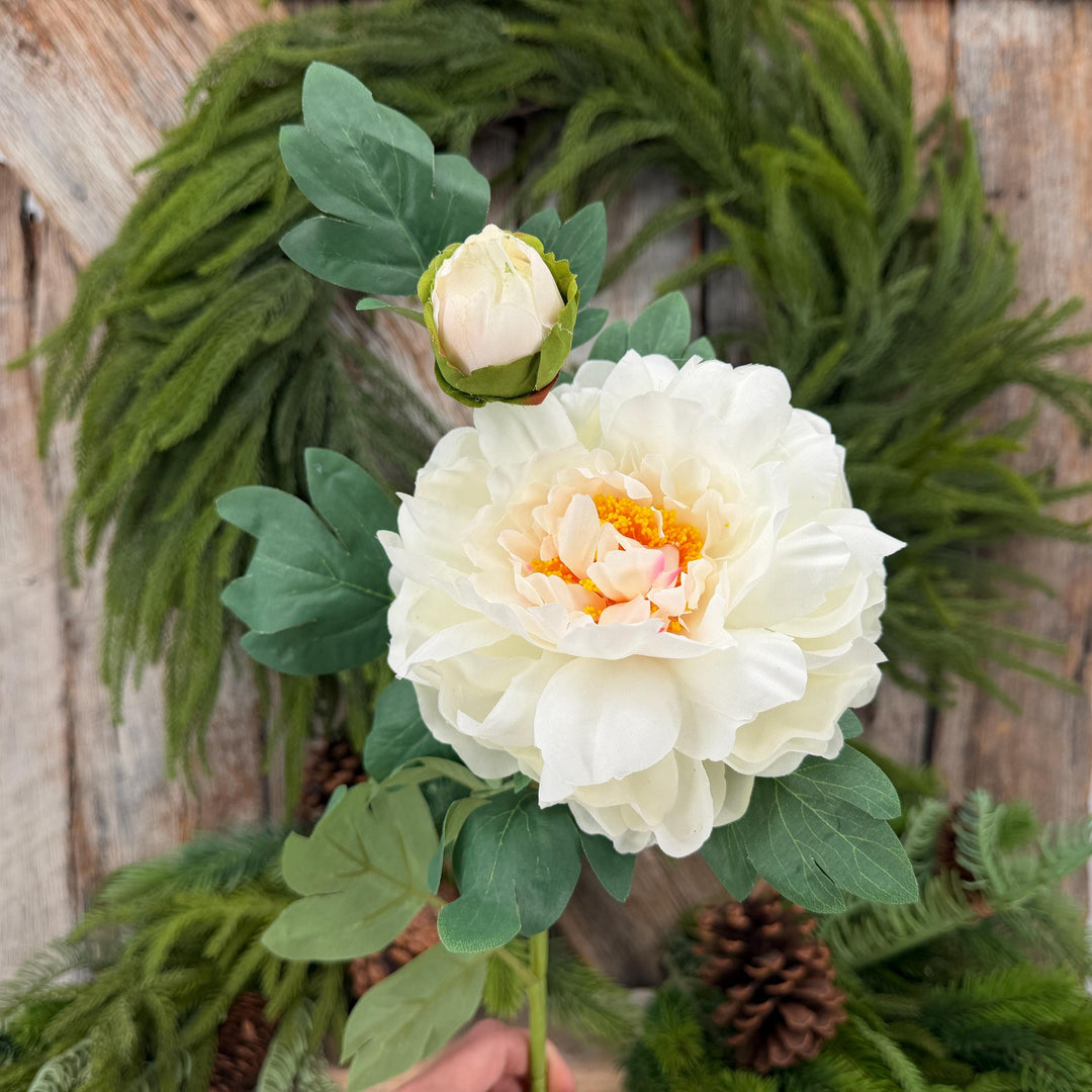 30" Cream White Peony Spray, Artificial Peony Flower Stem with Bud