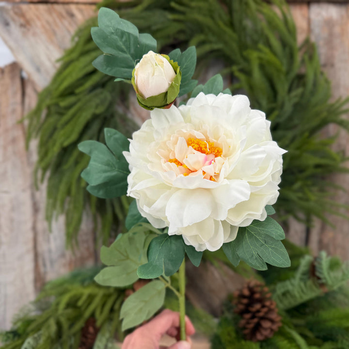 30" Cream White Peony Spray, Artificial Peony Flower Stem with Bud