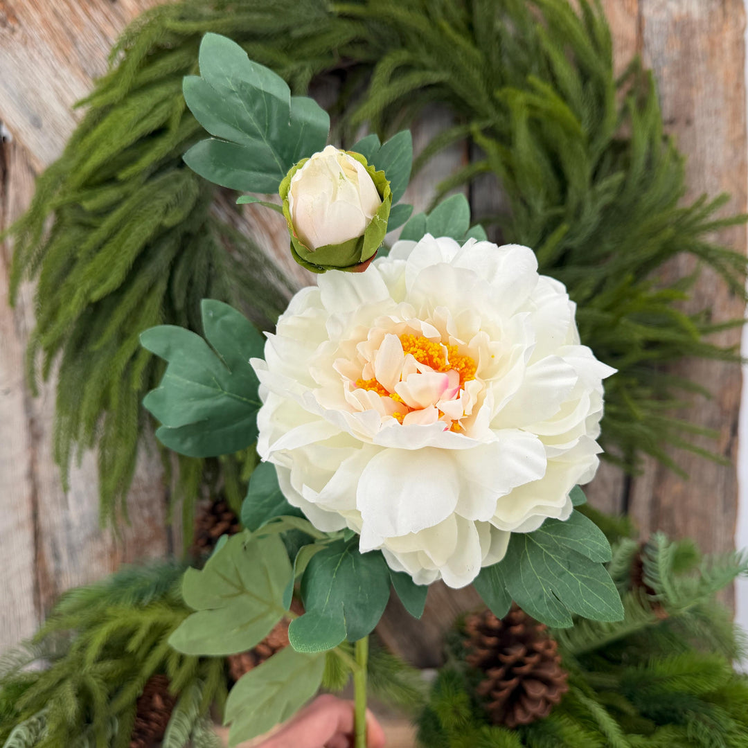 30" Cream White Peony Spray, Artificial Peony Flower Stem with Bud