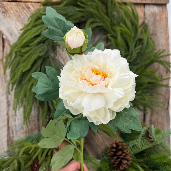 30" Cream White Peony Spray, Artificial Peony Flower Stem with Bud