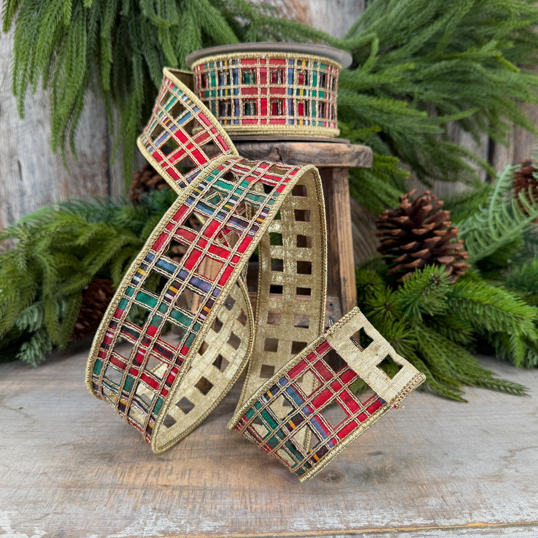 2.5" Traditional Christmas Plaid Ribbon, Farrisilk Ribbon, Window Plaid Ribbon, Traditional Plaid Ribbon, Gold Christmas Plaid, RJ019-32