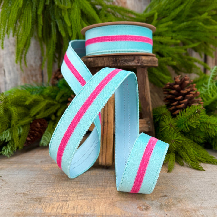 1.5” Blue Velvet Wired Ribbon with Hot Pink Trim, Velvet Stripe Ribbon