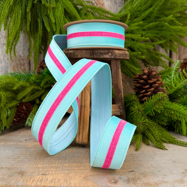 1.5” Blue Velvet Wired Ribbon with Hot Pink Trim, Velvet Stripe Ribbon