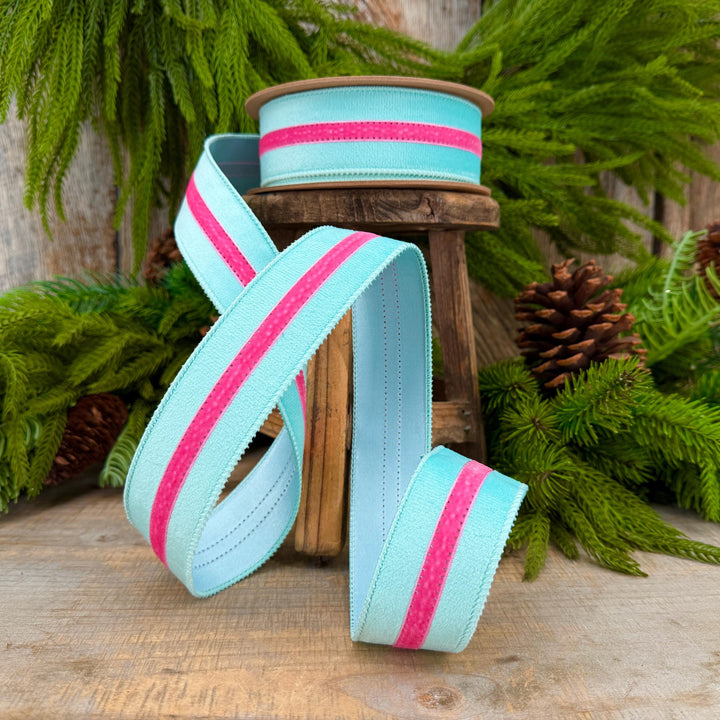 1.5” Blue Velvet Wired Ribbon with Hot Pink Trim, Velvet Stripe Ribbon