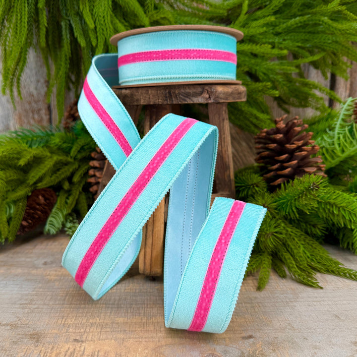 1.5” Blue Velvet Wired Ribbon with Hot Pink Trim, Velvet Stripe Ribbon
