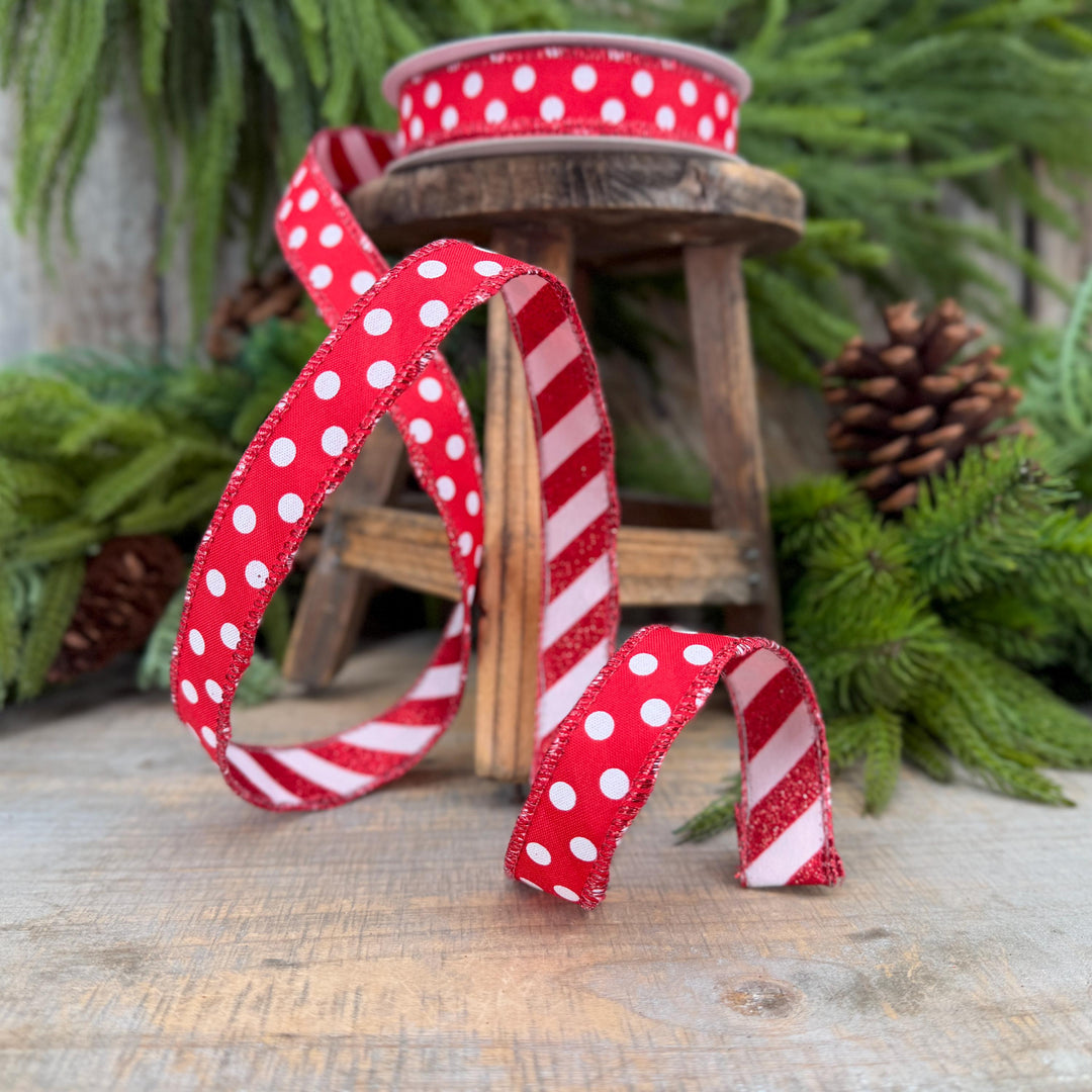 7/8" Red White Polka Dot &amp; Glitter Candy Stripe Wired Ribbon, 10 Yard Roll