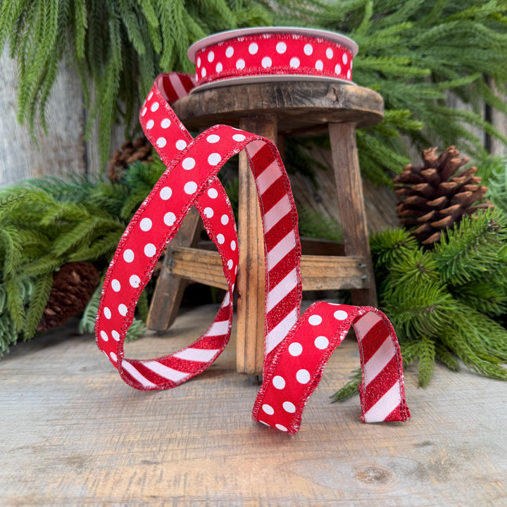 7/8" Red White Polka Dot &amp; Glitter Candy Stripe Wired Ribbon, 10 Yard Roll
