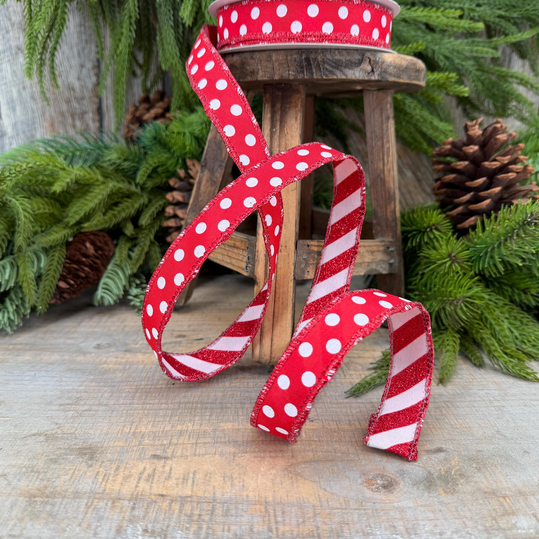 7/8" Red White Polka Dot &amp; Glitter Candy Stripe Wired Ribbon, 10 Yard Roll