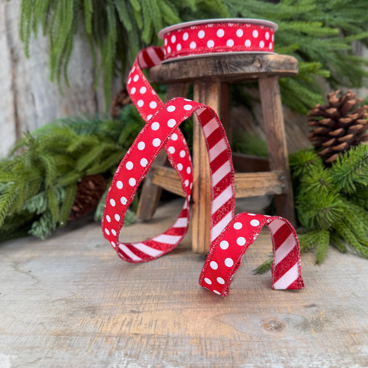 7/8" Red White Polka Dot &amp; Glitter Candy Stripe Wired Ribbon, 10 Yard Roll