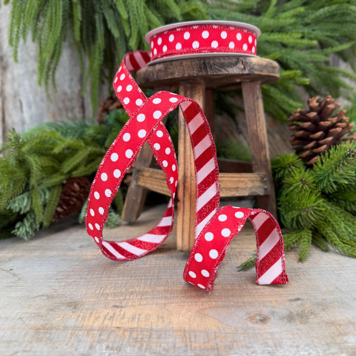 7/8" Red White Polka Dot &amp; Glitter Candy Stripe Wired Ribbon, 10 Yard Roll