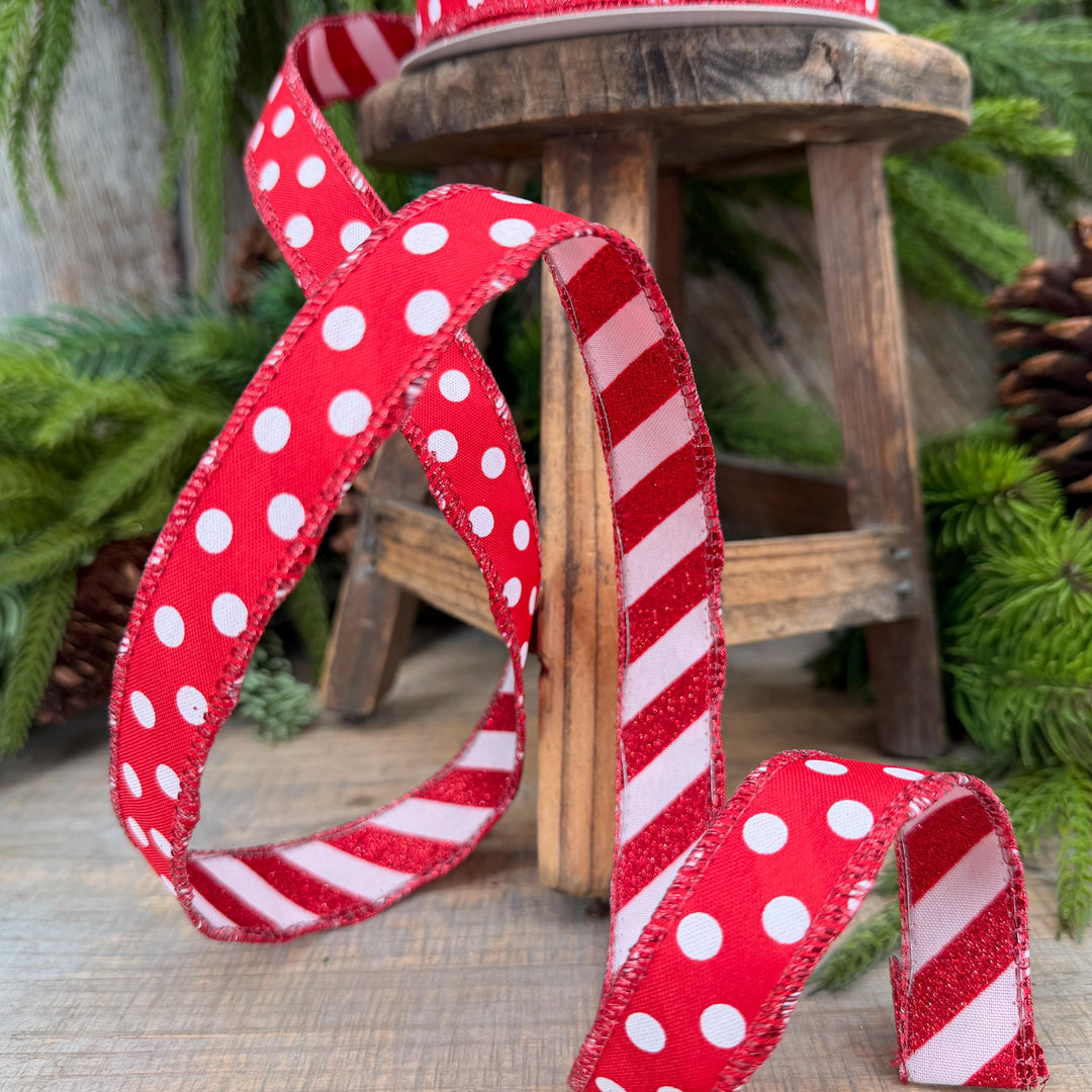 7/8" Red White Polka Dot &amp; Glitter Candy Stripe Wired Ribbon, 10 Yard Roll