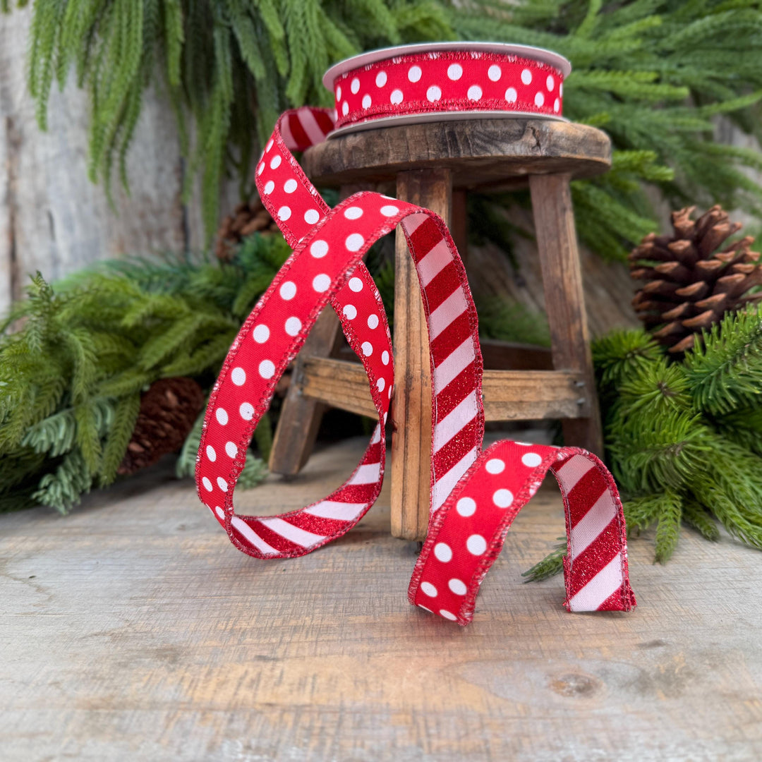 7/8" Red White Polka Dot &amp; Glitter Candy Stripe Wired Ribbon, 10 Yard Roll