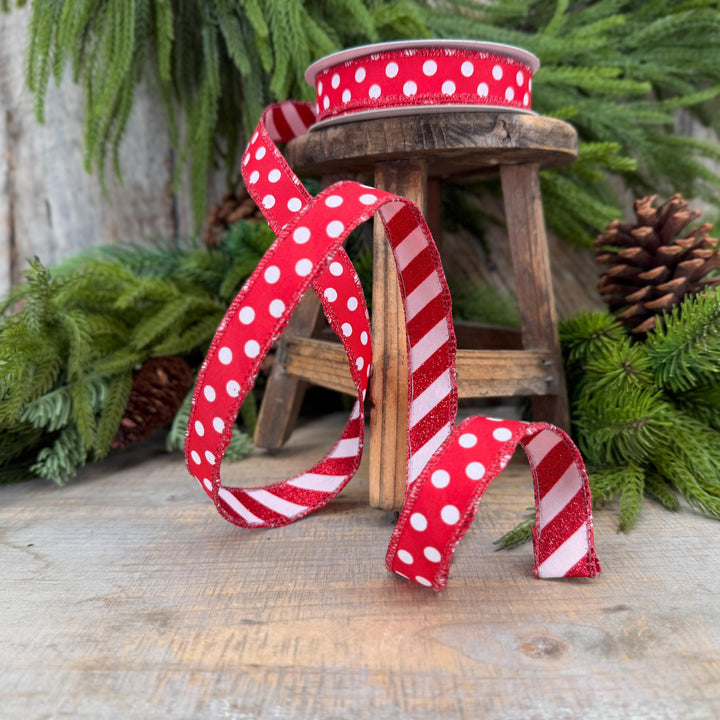 7/8" Red White Polka Dot &amp; Glitter Candy Stripe Wired Ribbon, 10 Yard Roll