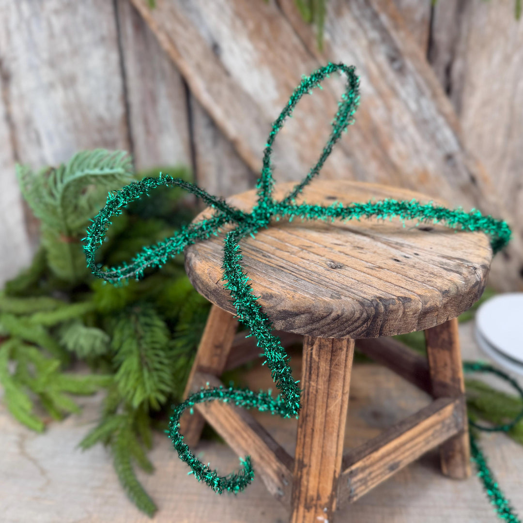 Green Tinsel Christmas Ribbon: 3/8" Wired Gift Wrap
