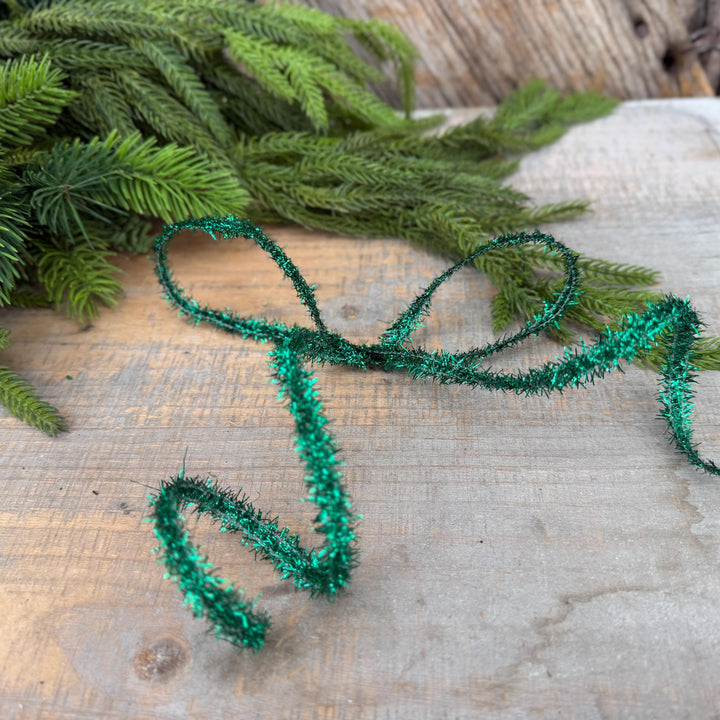 Green Tinsel Christmas Ribbon: 3/8" Wired Gift Wrap