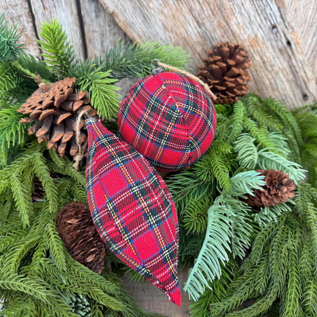 Set of 2 Red Plaid Christmas Ornaments, Tartan Fabric Holiday Ornaments