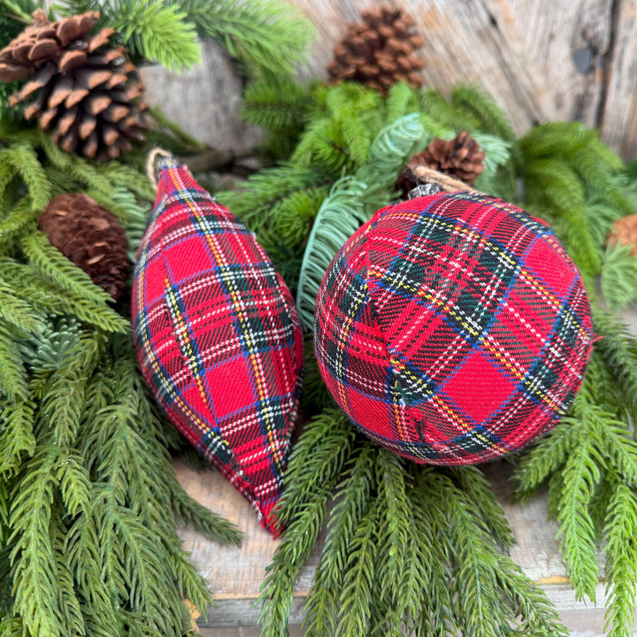 Set of 2 Red Plaid Christmas Ornaments, Tartan Fabric Holiday Ornaments