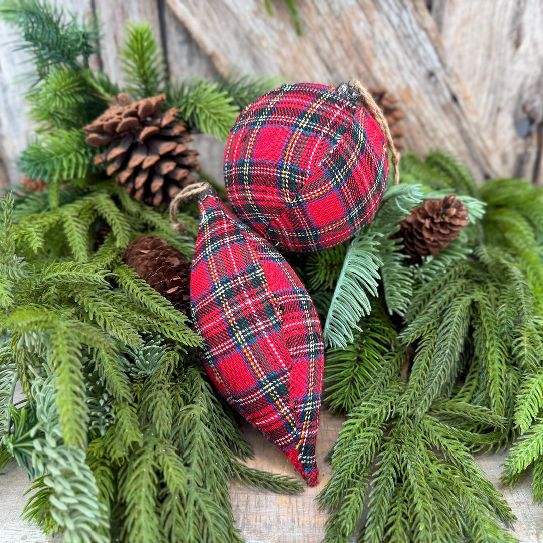 Set of 2 Red Plaid Christmas Ornaments, Tartan Fabric Holiday Ornaments