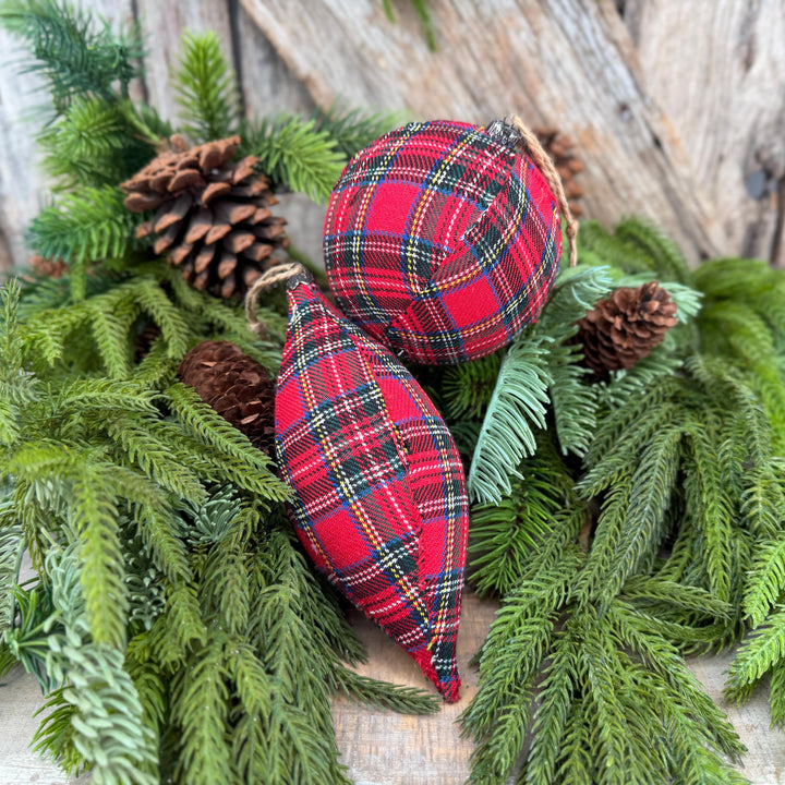 Set of 2 Red Plaid Christmas Ornaments, Tartan Fabric Holiday Ornaments