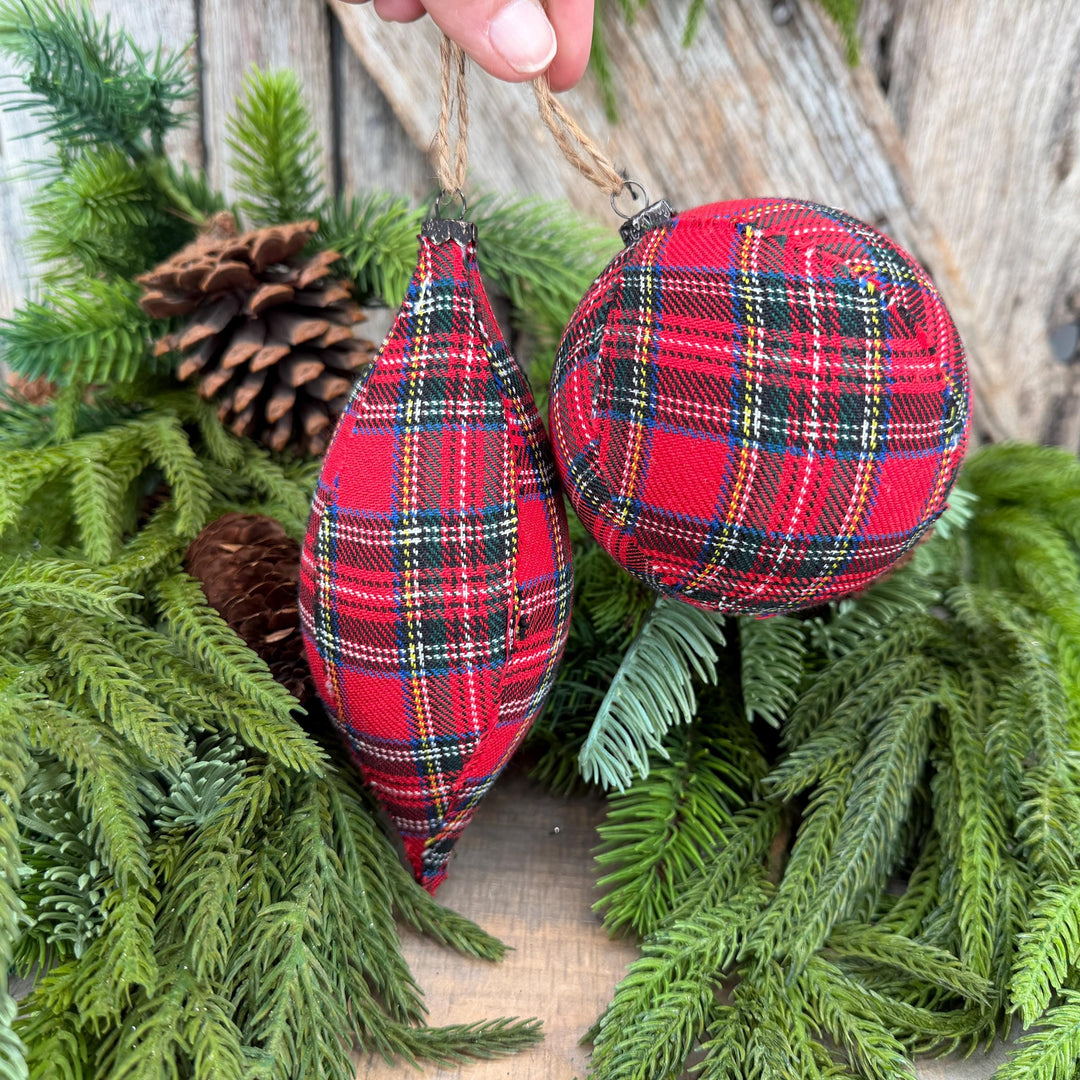Set of 2 Red Plaid Christmas Ornaments, Tartan Fabric Holiday Ornaments