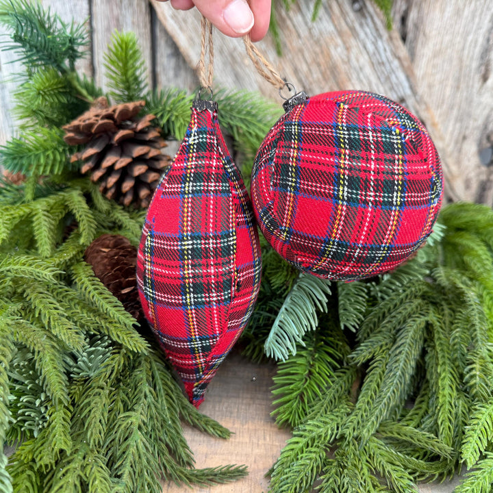 Set of 2 Red Plaid Christmas Ornaments, Tartan Fabric Holiday Ornaments