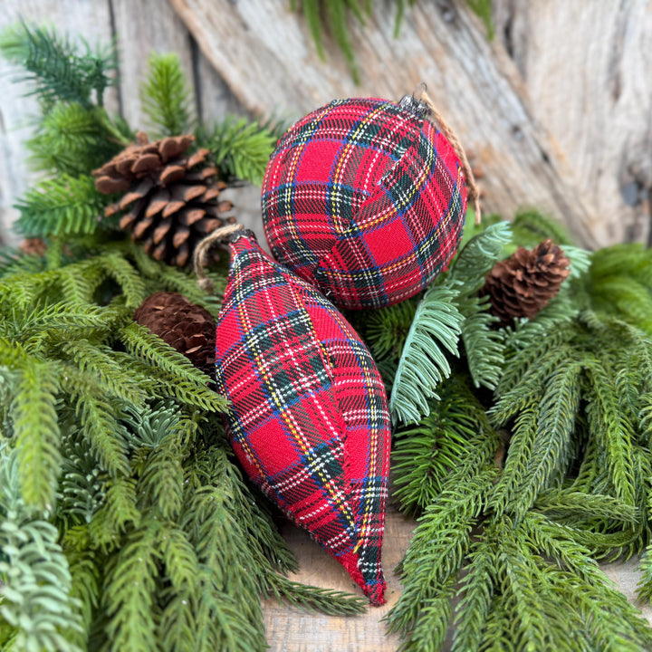 Set of 2 Red Plaid Christmas Ornaments, Tartan Fabric Holiday Ornaments