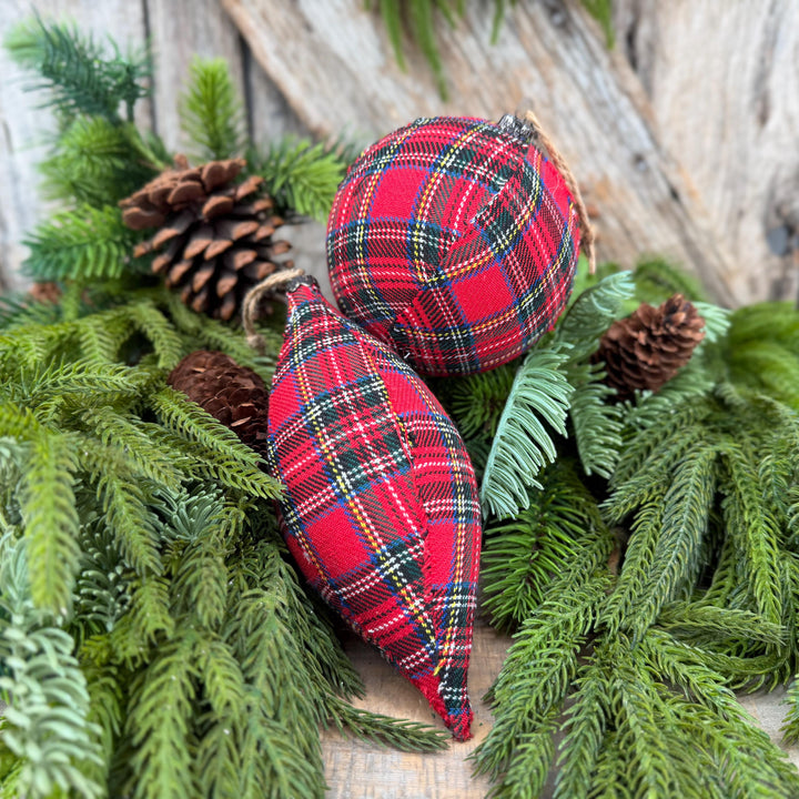 Set of 2 Red Plaid Christmas Ornaments, Tartan Fabric Holiday Ornaments