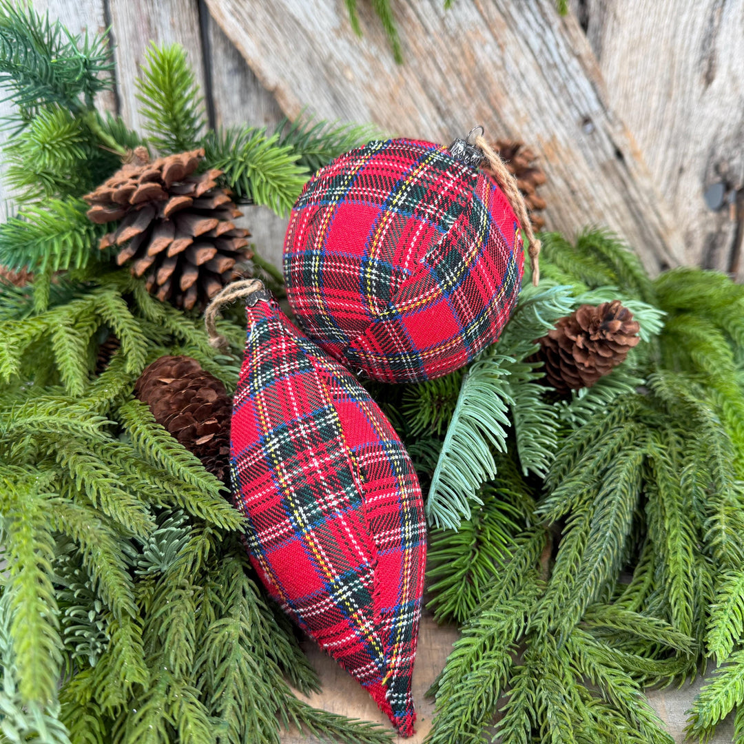 Set of 2 Red Plaid Christmas Ornaments, Tartan Fabric Holiday Ornaments