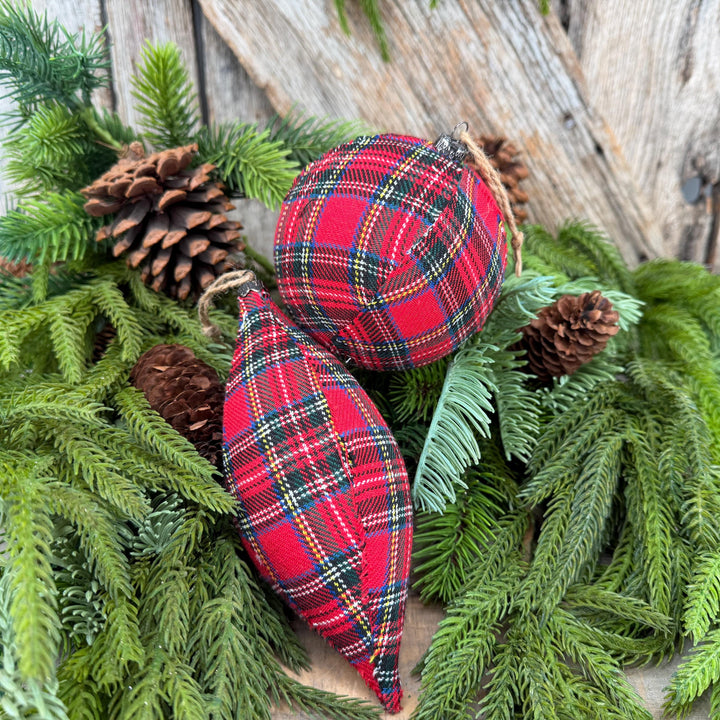 Set of 2 Red Plaid Christmas Ornaments, Tartan Fabric Holiday Ornaments