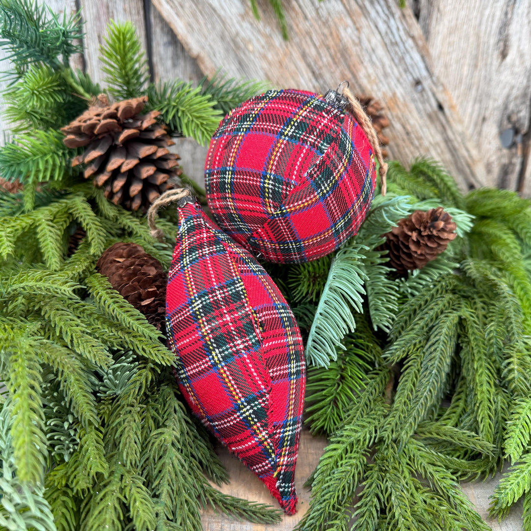 Set of 2 Red Plaid Christmas Ornaments, Tartan Fabric Holiday Ornaments