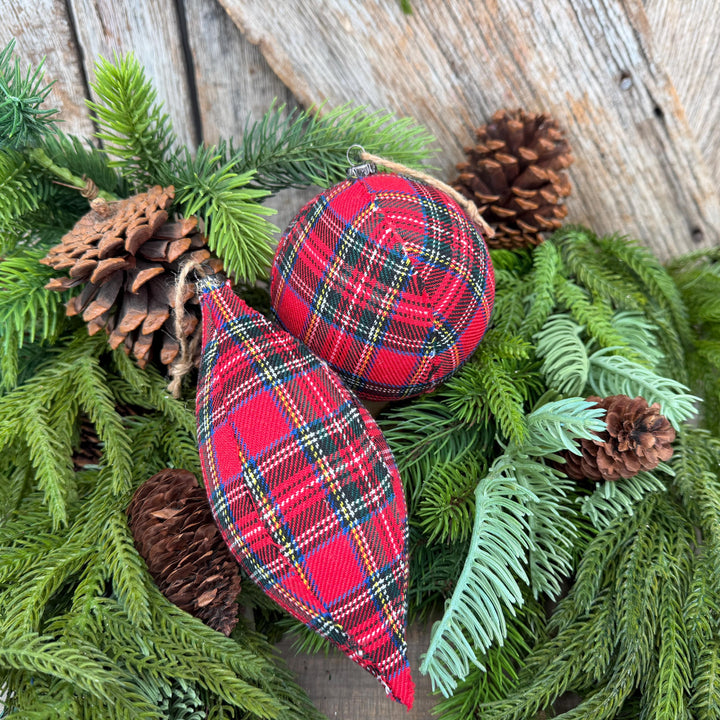Set of 2 Red Plaid Christmas Ornaments, Tartan Fabric Holiday Ornaments