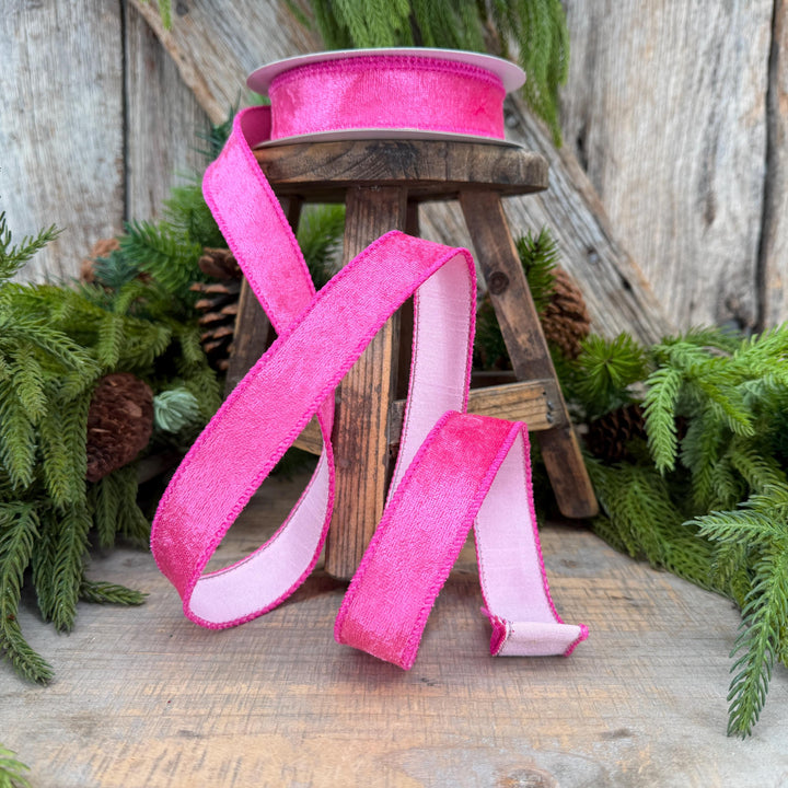 1" Hot Pink Velvet &amp; Pink Dupioni Double-Sided Wired Ribbon, 10 Yard Roll