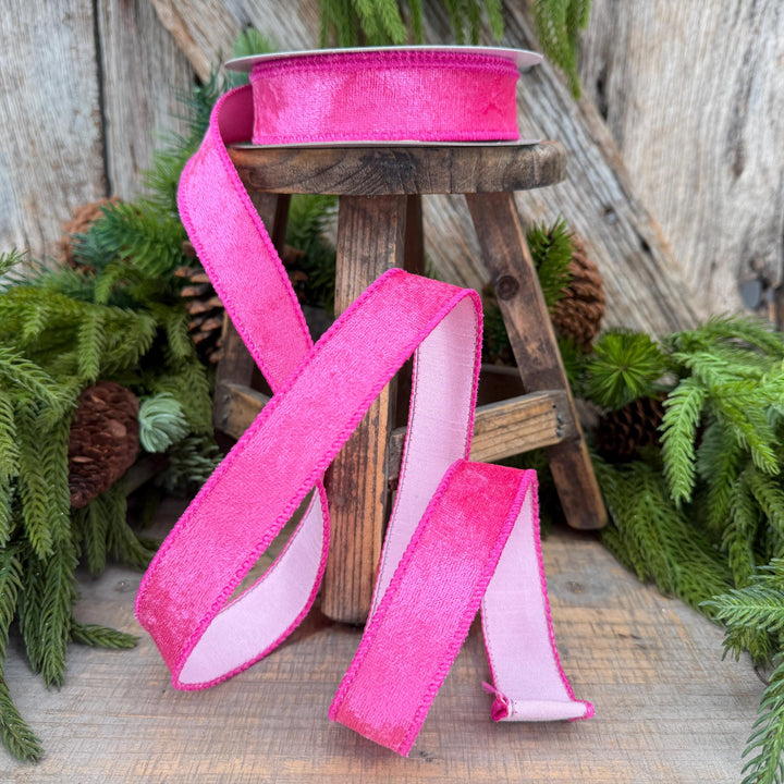 1" Hot Pink Velvet &amp; Pink Dupioni Double-Sided Wired Ribbon, 10 Yard Roll
