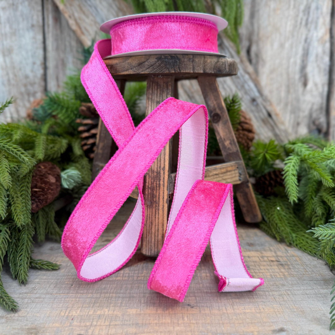 1" Hot Pink Velvet &amp; Pink Dupioni Double-Sided Wired Ribbon, 10 Yard Roll