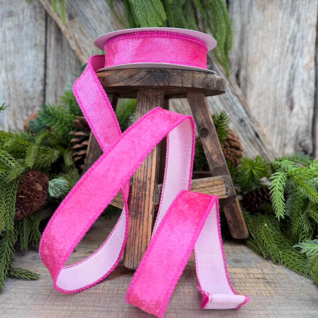 1" Hot Pink Velvet &amp; Pink Dupioni Double-Sided Wired Ribbon, 10 Yard Roll