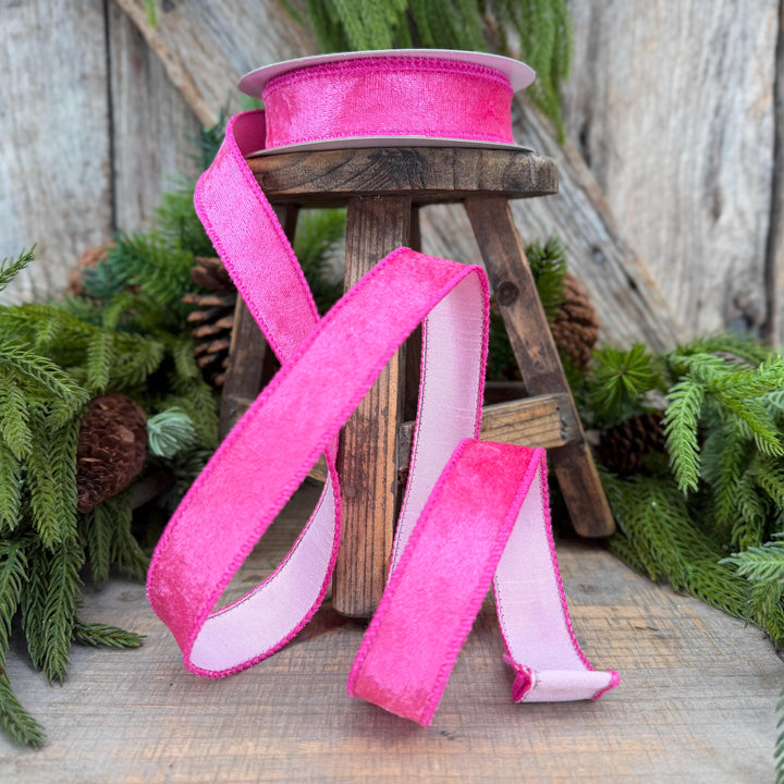 1" Hot Pink Velvet &amp; Pink Dupioni Double-Sided Wired Ribbon, 10 Yard Roll