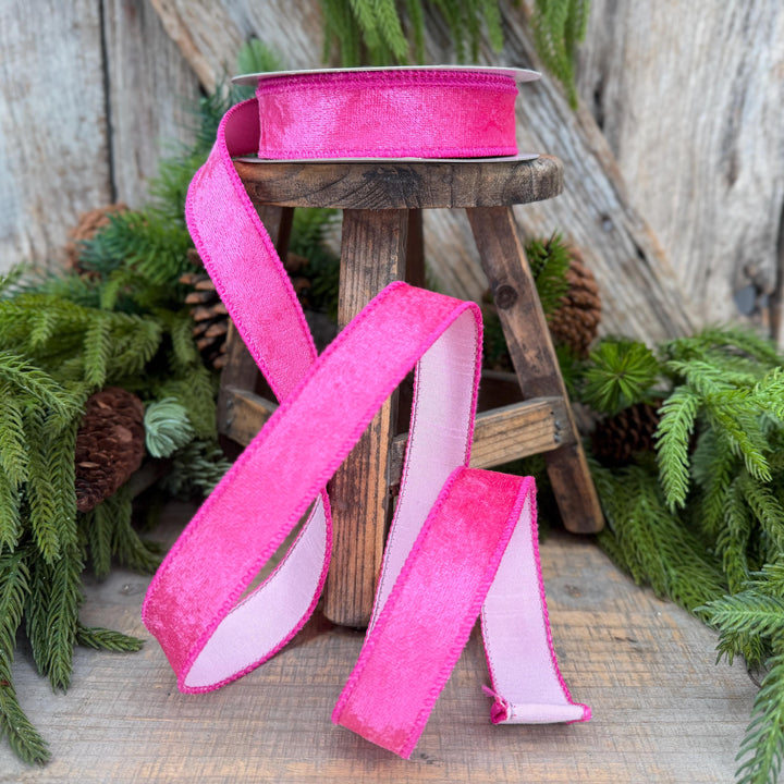 1" Hot Pink Velvet &amp; Pink Dupioni Double-Sided Wired Ribbon, 10 Yard Roll