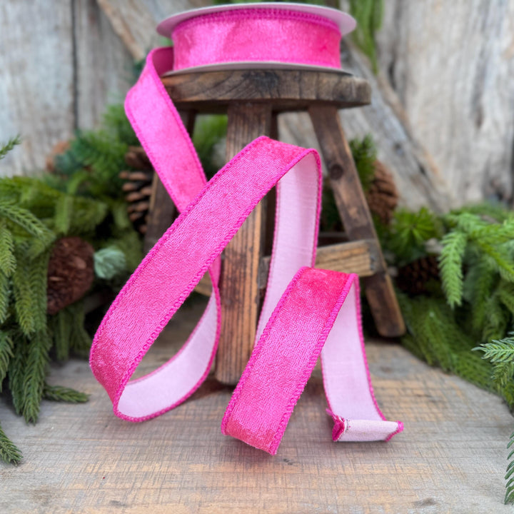 1" Hot Pink Velvet &amp; Pink Dupioni Double-Sided Wired Ribbon, 10 Yard Roll