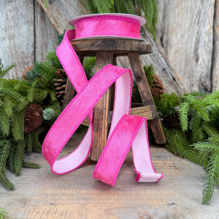 1" Hot Pink Velvet &amp; Pink Dupioni Double-Sided Wired Ribbon, 10 Yard Roll