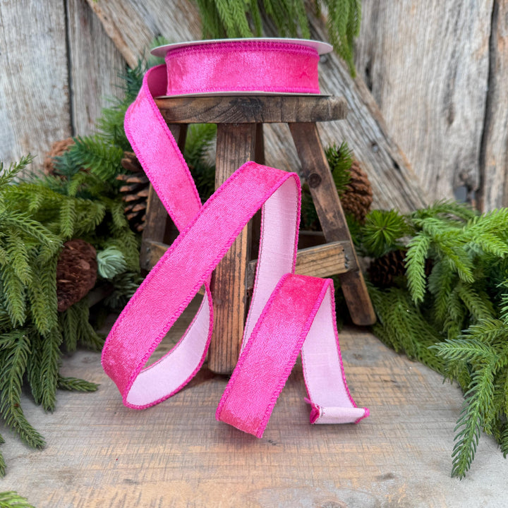1" Hot Pink Velvet &amp; Pink Dupioni Double-Sided Wired Ribbon, 10 Yard Roll